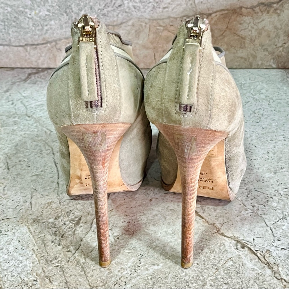 Fendi FF Logo Gray and Beige Mesh Suede High Heel Booties - Picture 9 of 10